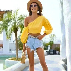 SHEIN L Yellow One Shoulder Balloon Sleeve Crop Top Women's Fashion